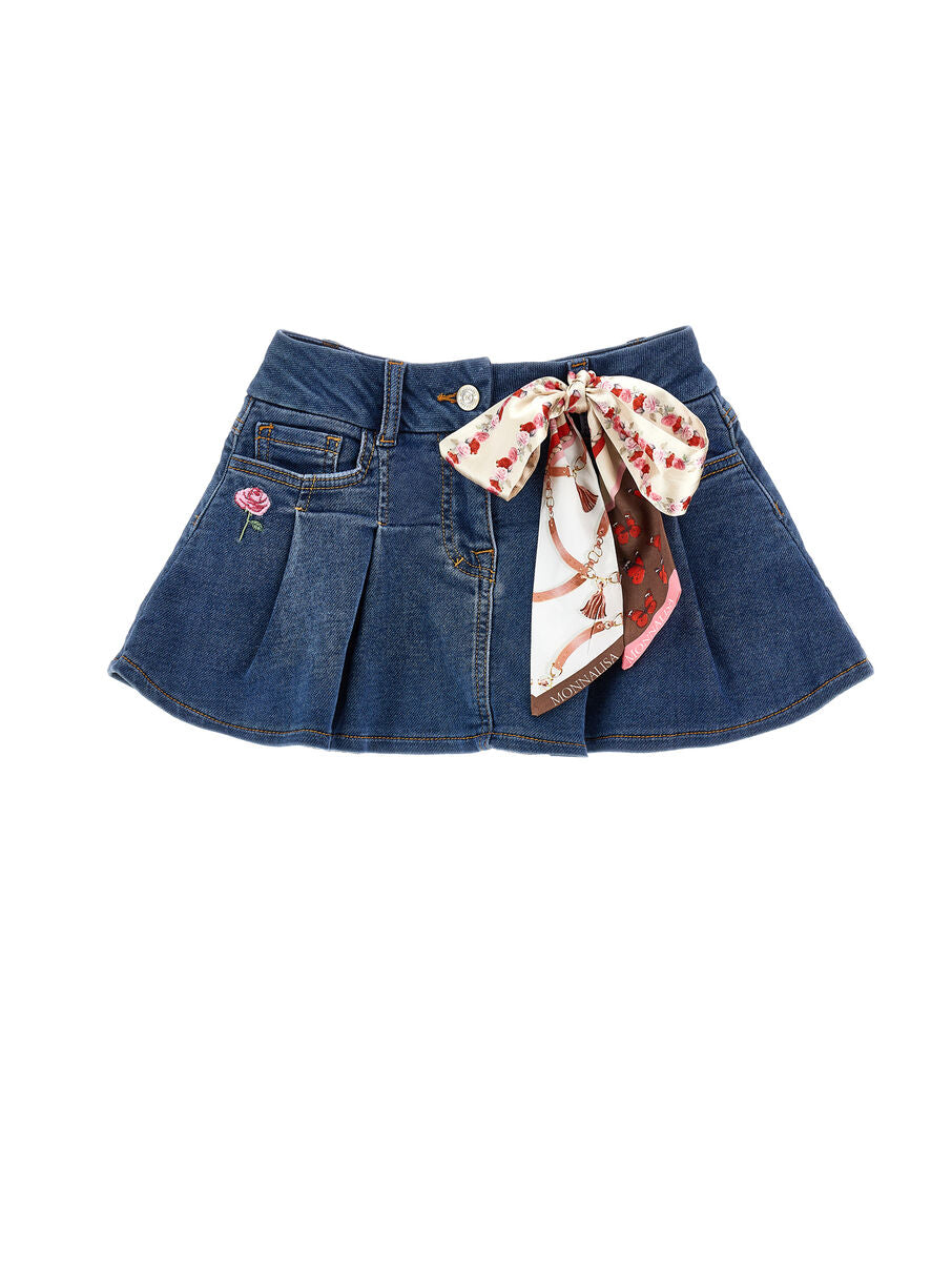 Gonna plissettata per bambina Monnalisa Kids in denim con motivo a fiori