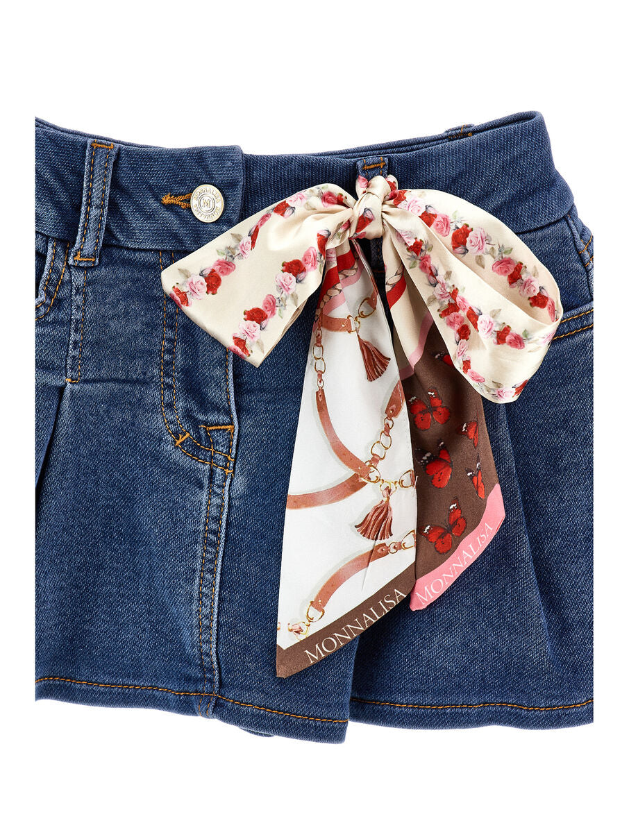 Gonna plissettata per bambina Monnalisa Kids in denim con motivo a fiori