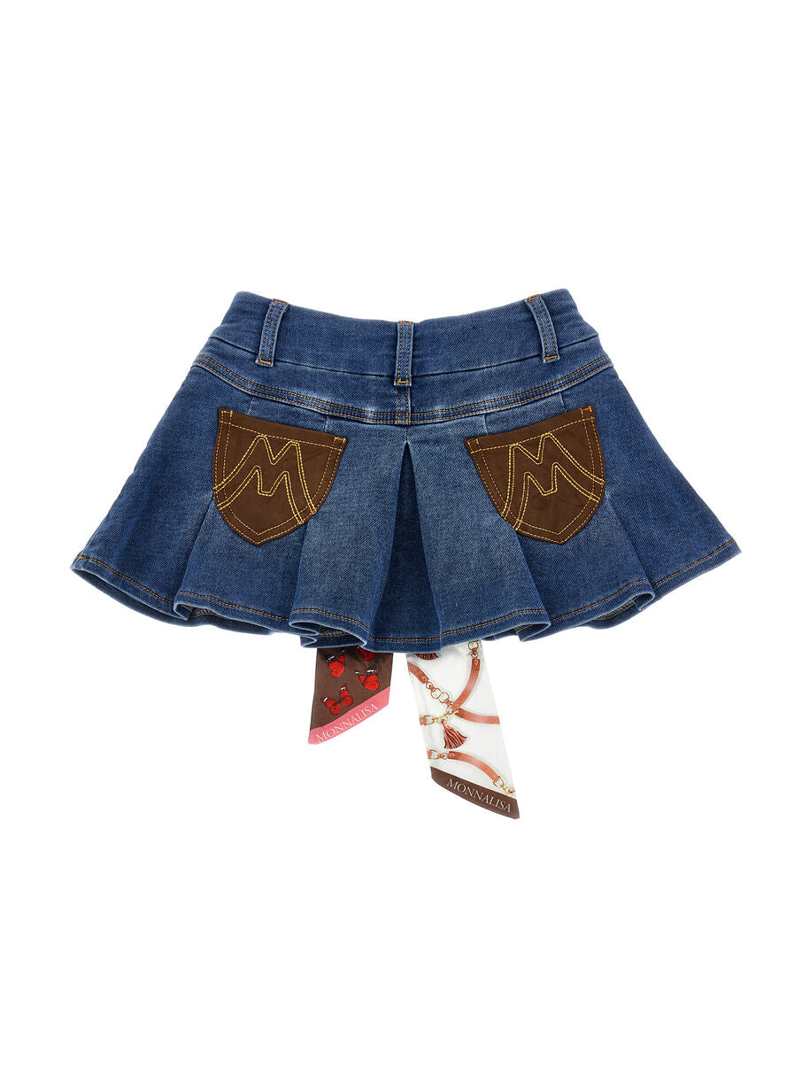Gonna plissettata per bambina Monnalisa Kids in denim con motivo a fiori