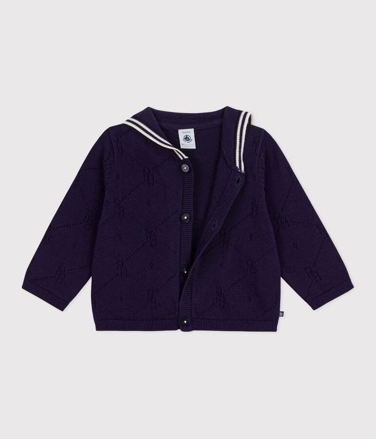 Cardigan con colletto alla marinara in cotone traforato neonato