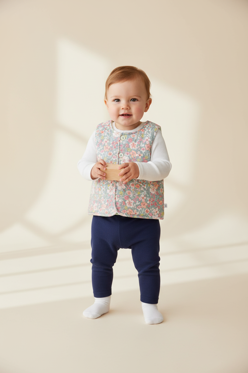 Cardigan senza maniche in cotone con stampa a fiori neonata