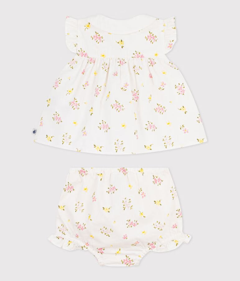 Set 2 pezzi in cotone composto da camicetta e bloomer con stampa a fiori neonata
