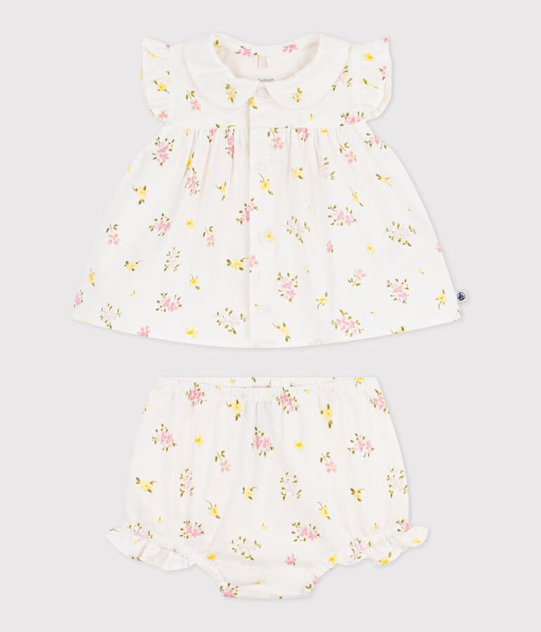 Set 2 pezzi in cotone composto da camicetta e bloomer con stampa a fiori neonata