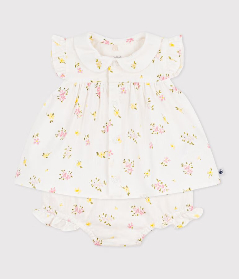 Set 2 pezzi in cotone composto da camicetta e bloomer con stampa a fiori neonata