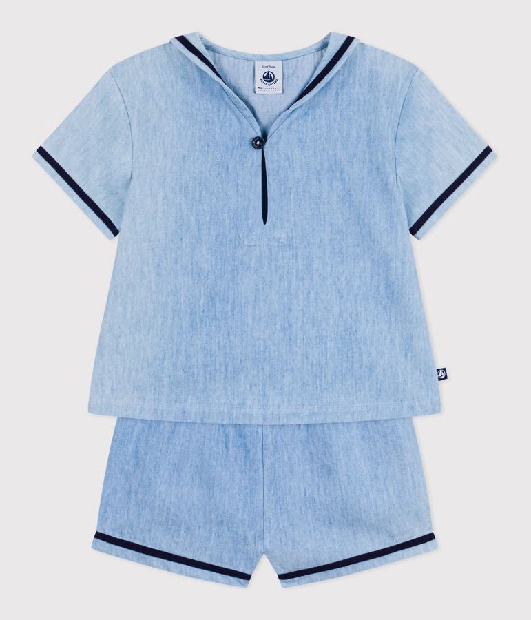 Completo neonato 2 pezzi in chambray con T-shirt con colletto alla marinara
