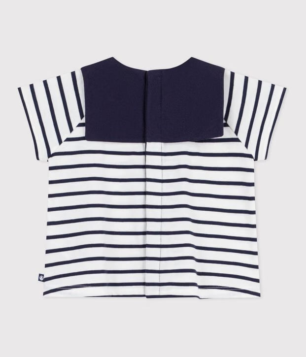 Blusa in cotone a righe marinière con colletto ricamato neonata