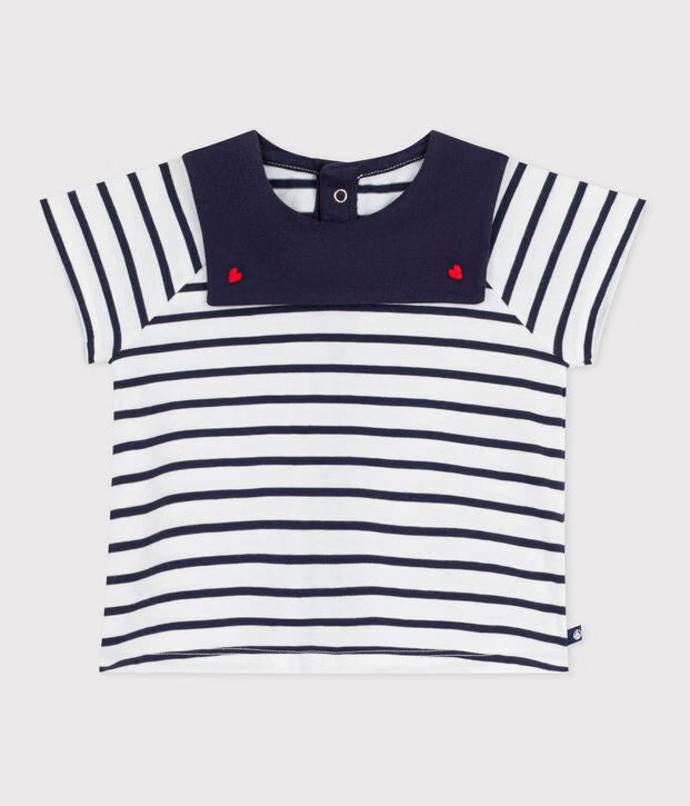 Blusa in cotone a righe marinière con colletto ricamato neonata