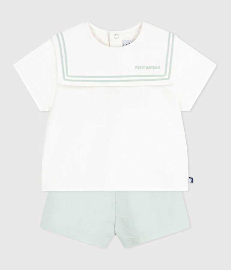 Completo neonato 2 pezzi in misto cotone/lino con top con colletto alla marinara