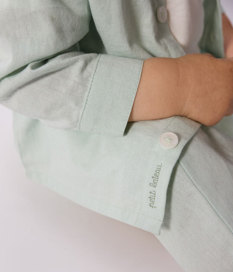 Camicia a maniche lunghe in misto cotone/lino tinta unita neonato
