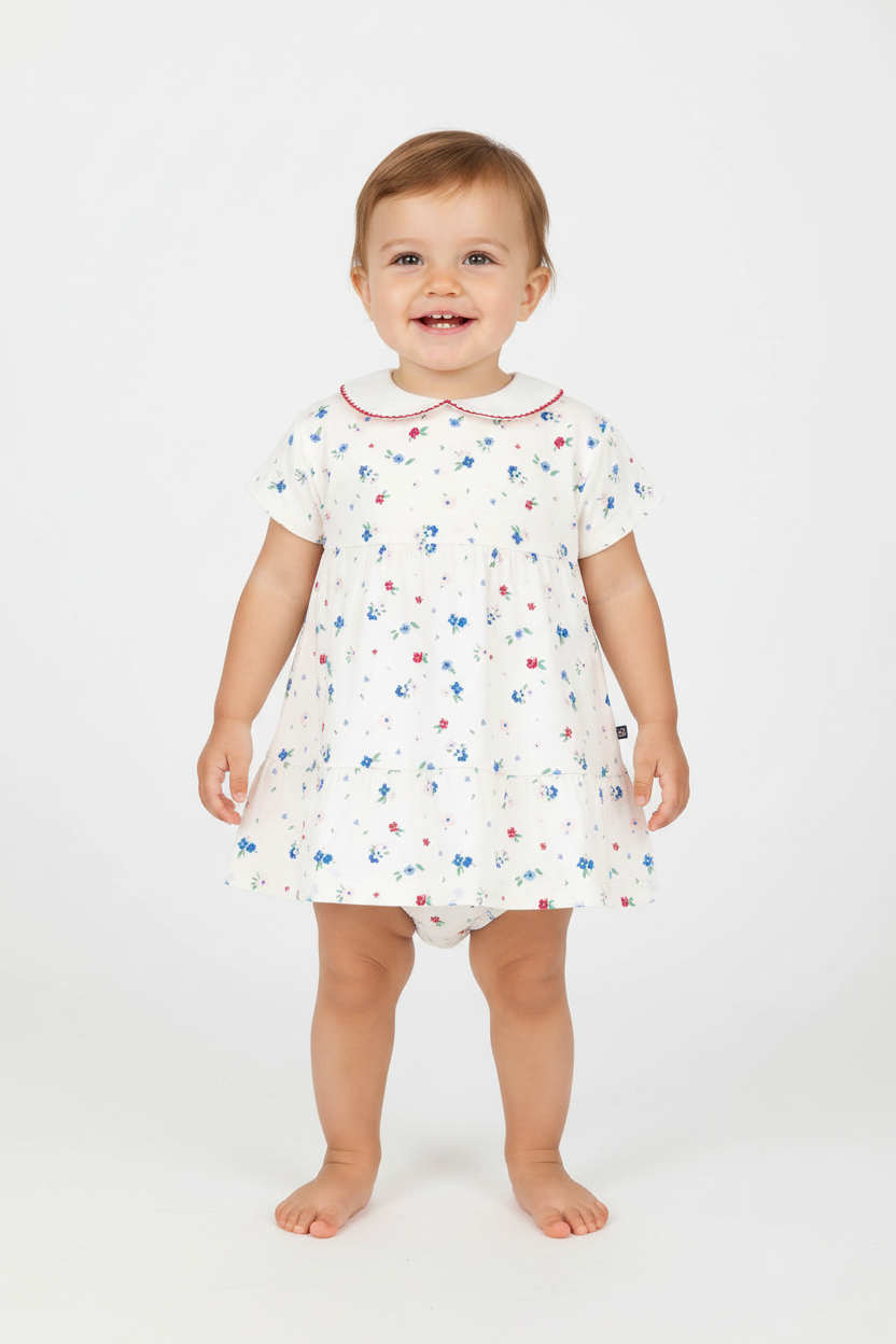 Abito neonata a maniche corte in cotone e bloomer abbinato con stampa a fiori