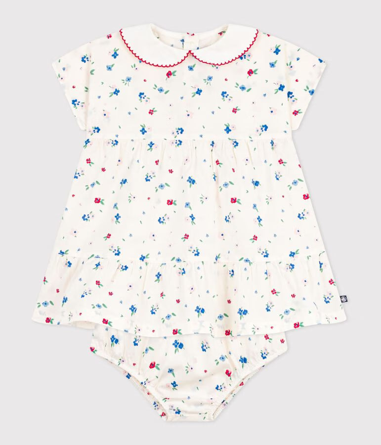 Abito neonata a maniche corte in cotone e bloomer abbinato con stampa a fiori