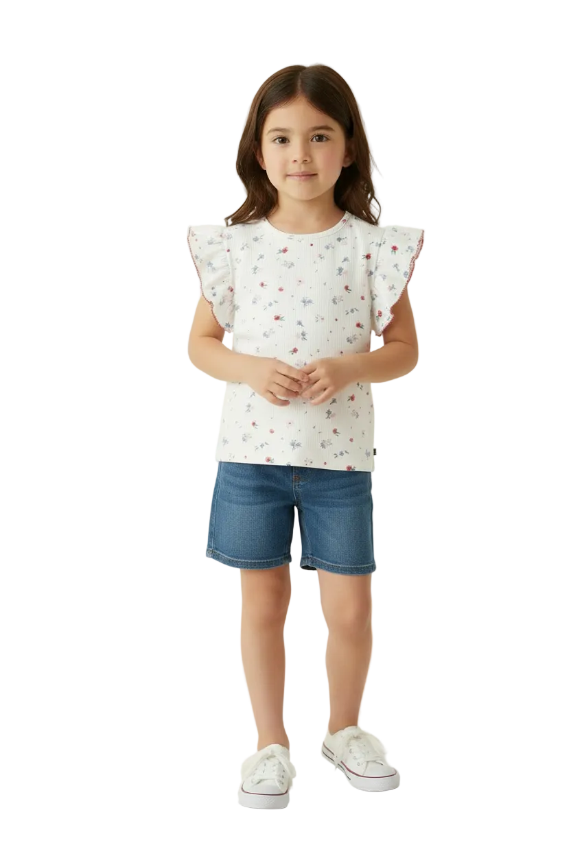 T-shirt a maniche corte in cotone con stampa a fiori bambina