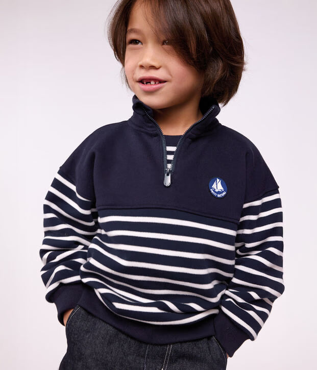Felpa con mezza cerniera in cotone a righe Petit Bateau