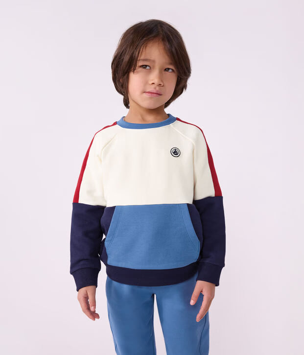 Felpa con cappuccio in cotone tinta unita con motivo color block Petit Bateau