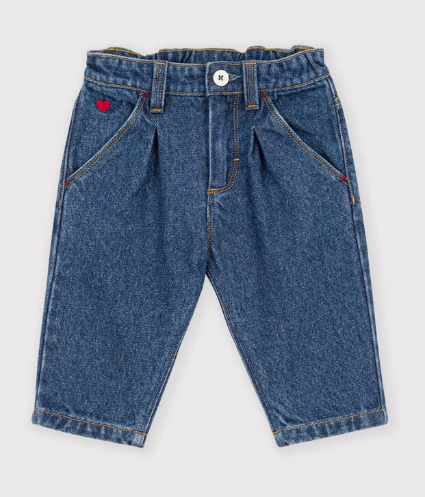 Pantaloni in denim tinta unita con cuore ricamato Petit Bateau
