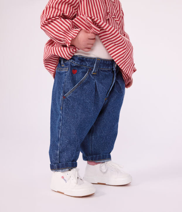 Pantaloni in denim tinta unita con cuore ricamato Petit Bateau