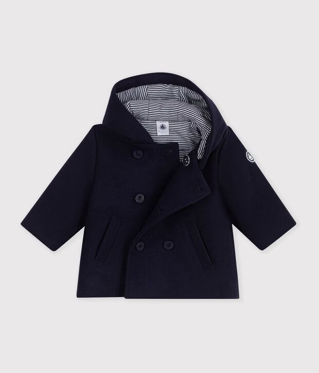Caban in panno di lana tinta unita blu Petit Bateau