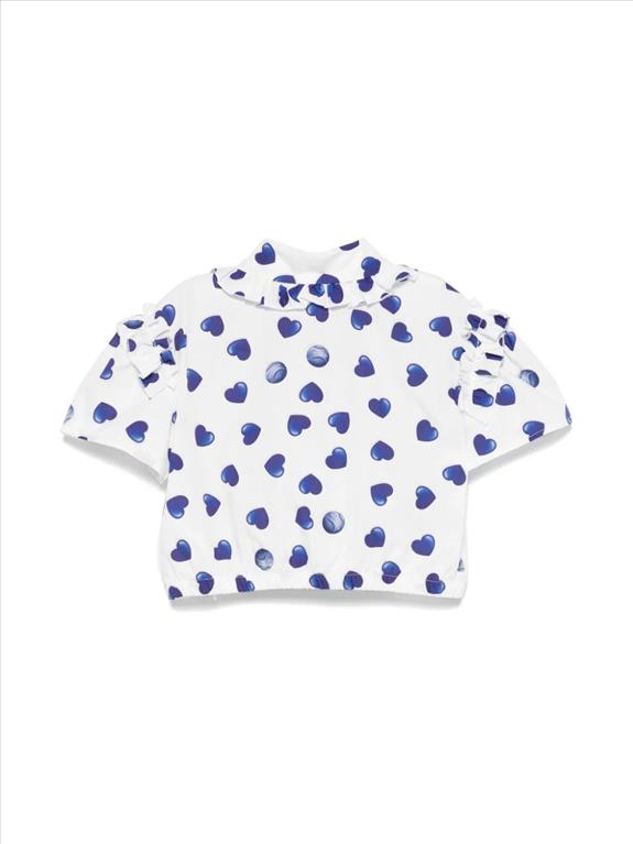 Camicia bianca con raffinata stampa di cuori blu Monnalisa.