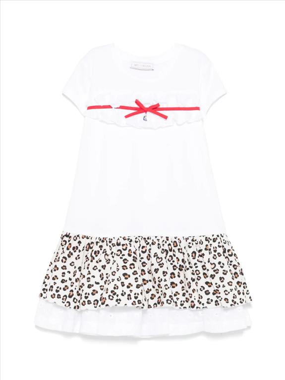 Abito per bambina Monnalisa bianco con ruches e dettaglio leopardato