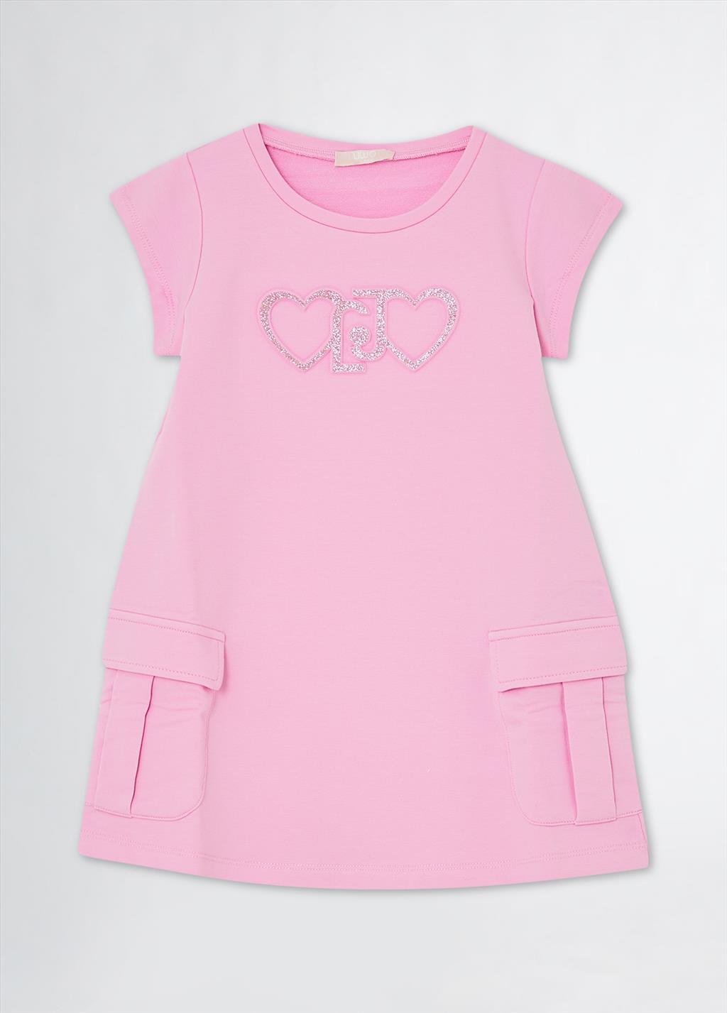 ABITO ROSA IN FELPA CON CUORE E LOGO GLITTER.