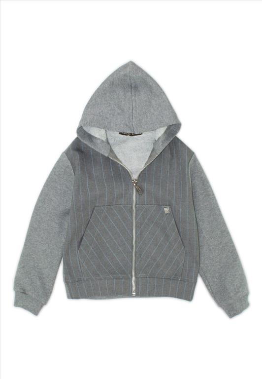 FELPA GRIGIO CON CAPPUCCIO,RIGHE CELESTI.