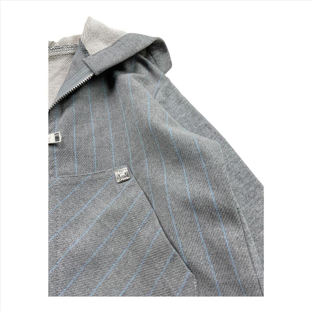 FELPA GRIGIO CON CAPPUCCIO,RIGHE CELESTI.