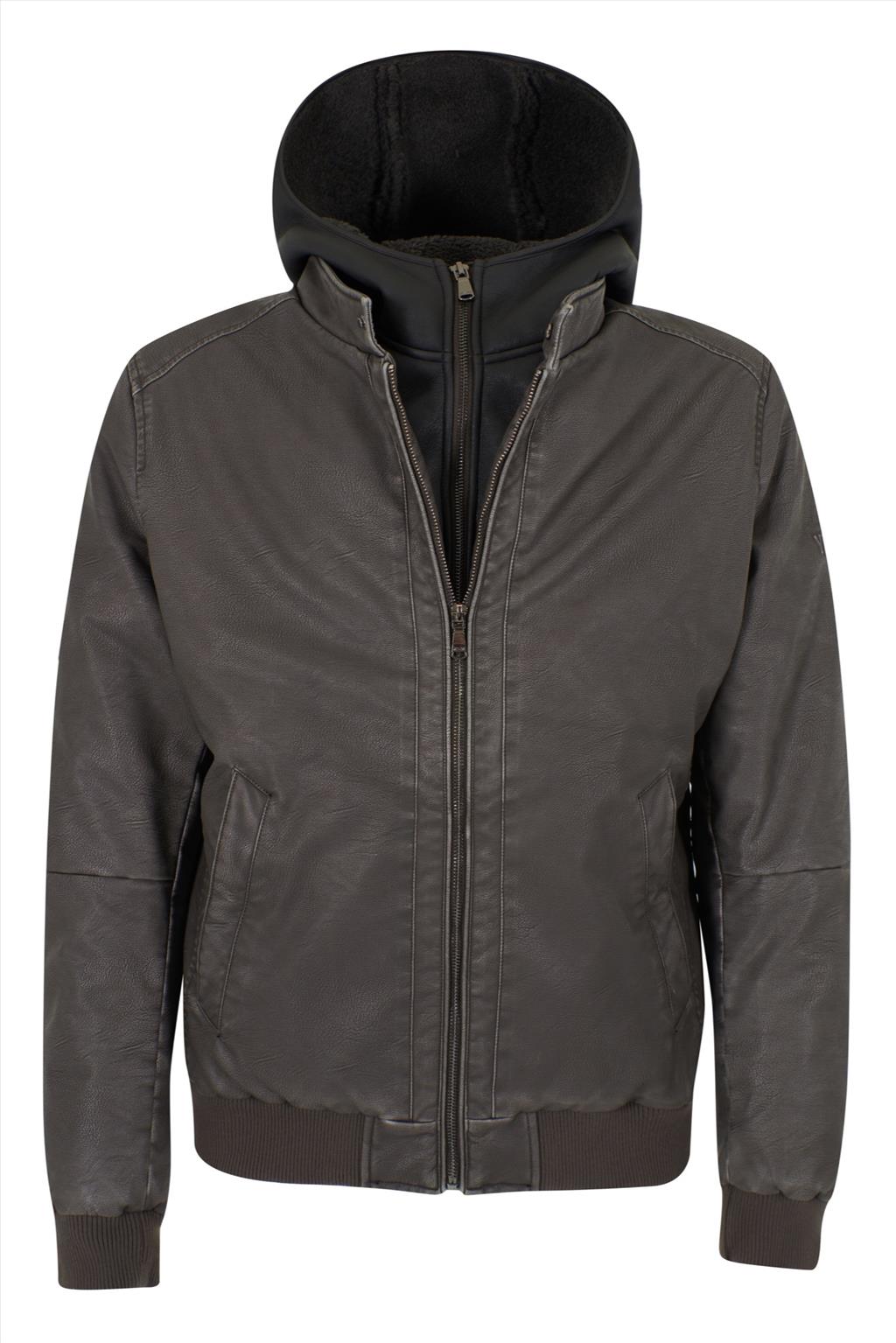 Bomber in similpelle con cappuccio in felpa integrato.