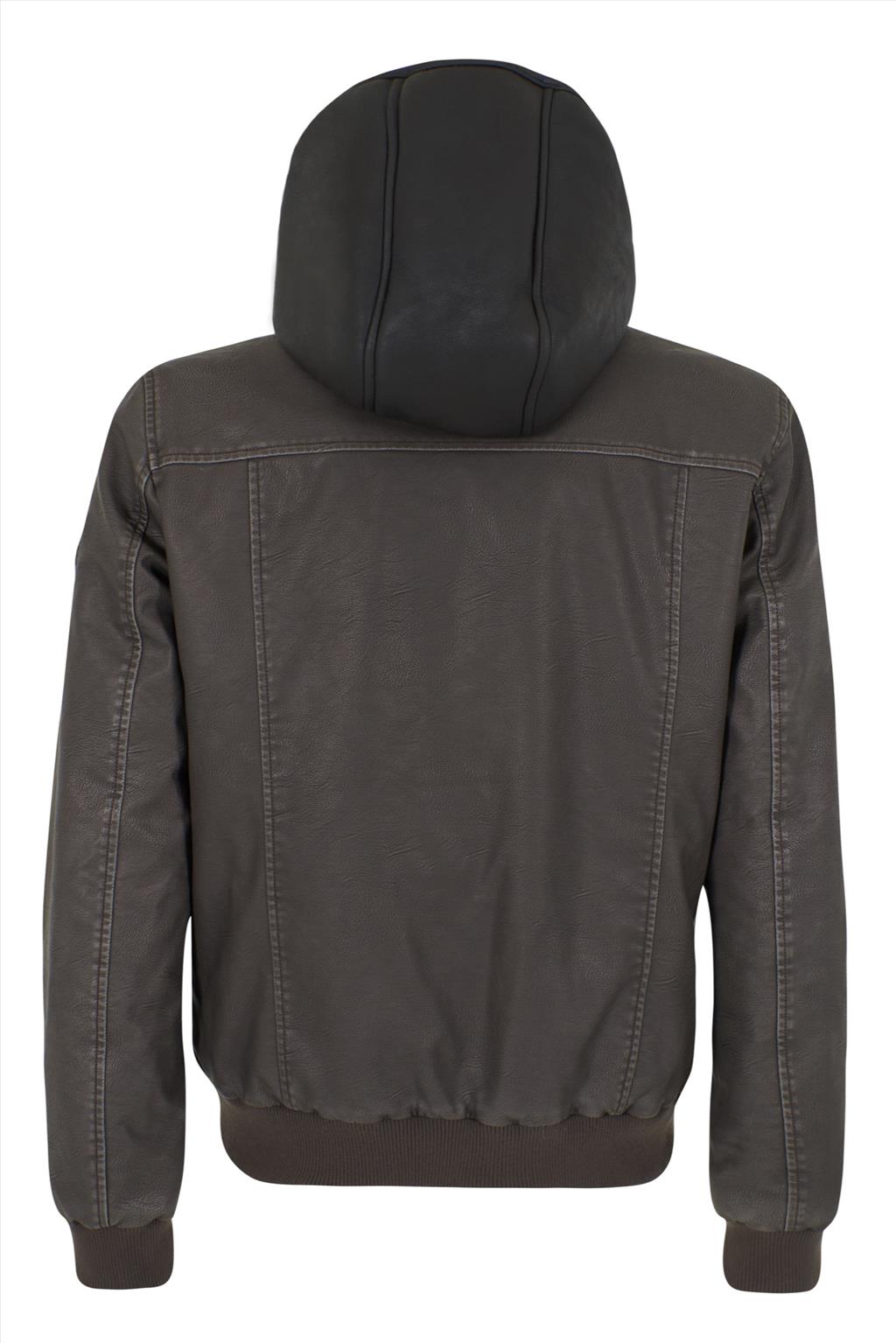 Bomber in similpelle con cappuccio in felpa integrato.