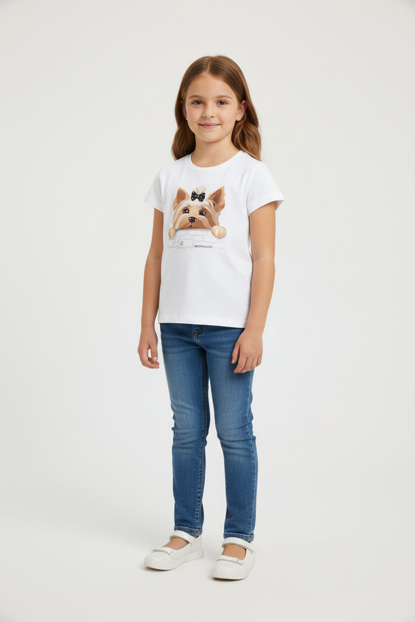 T-SHIRT PER BAMBINA MONNALISA BIANCA CON GRAFICA CAGNOLINO