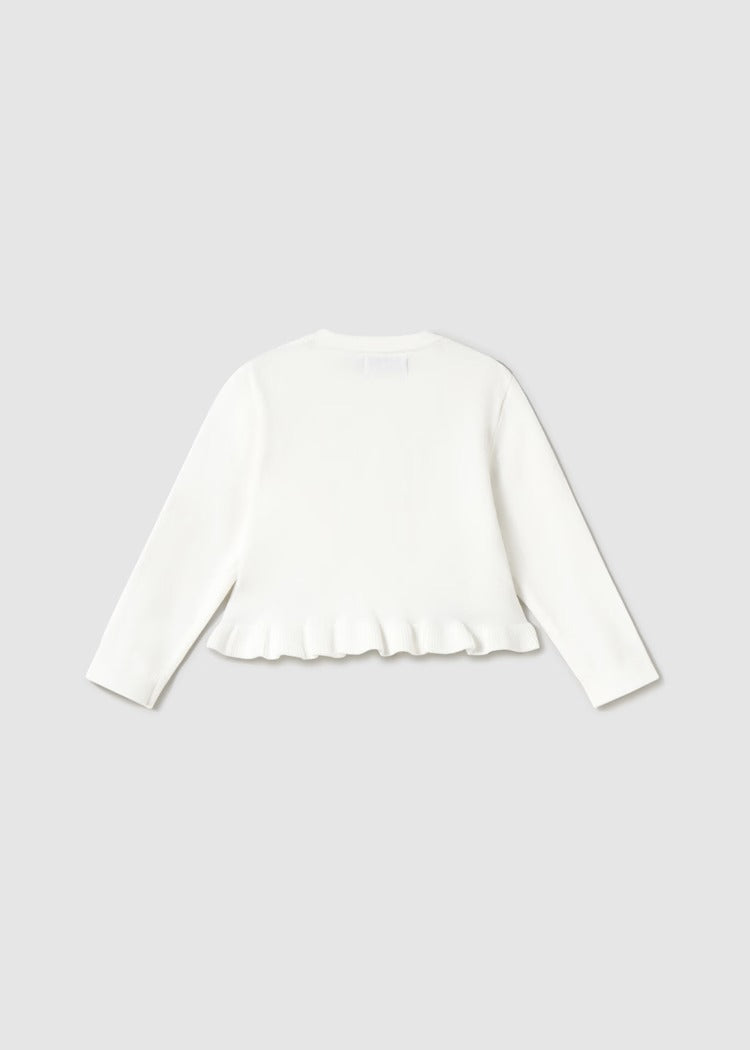 Knitted cardigan with ruffled waist. Button fastening.
