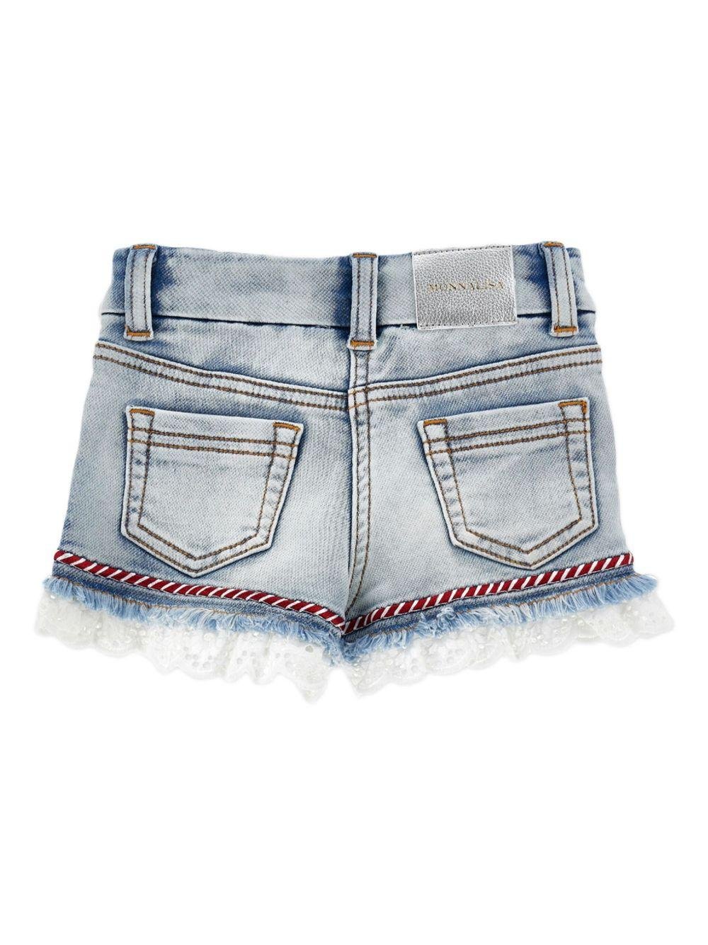 Shorts per bambina Monnalisa in denim con dettagli in pizzo