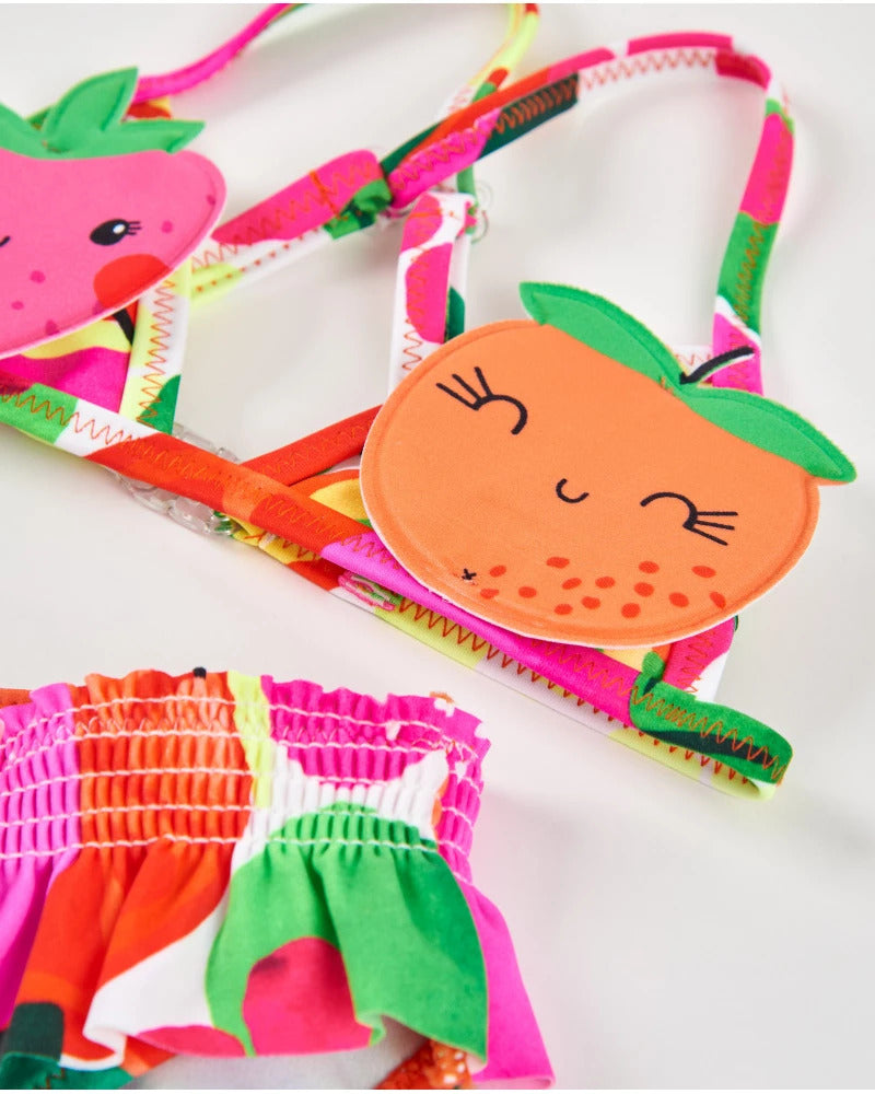 Girls' knitted bikini with padded fruit appliqués