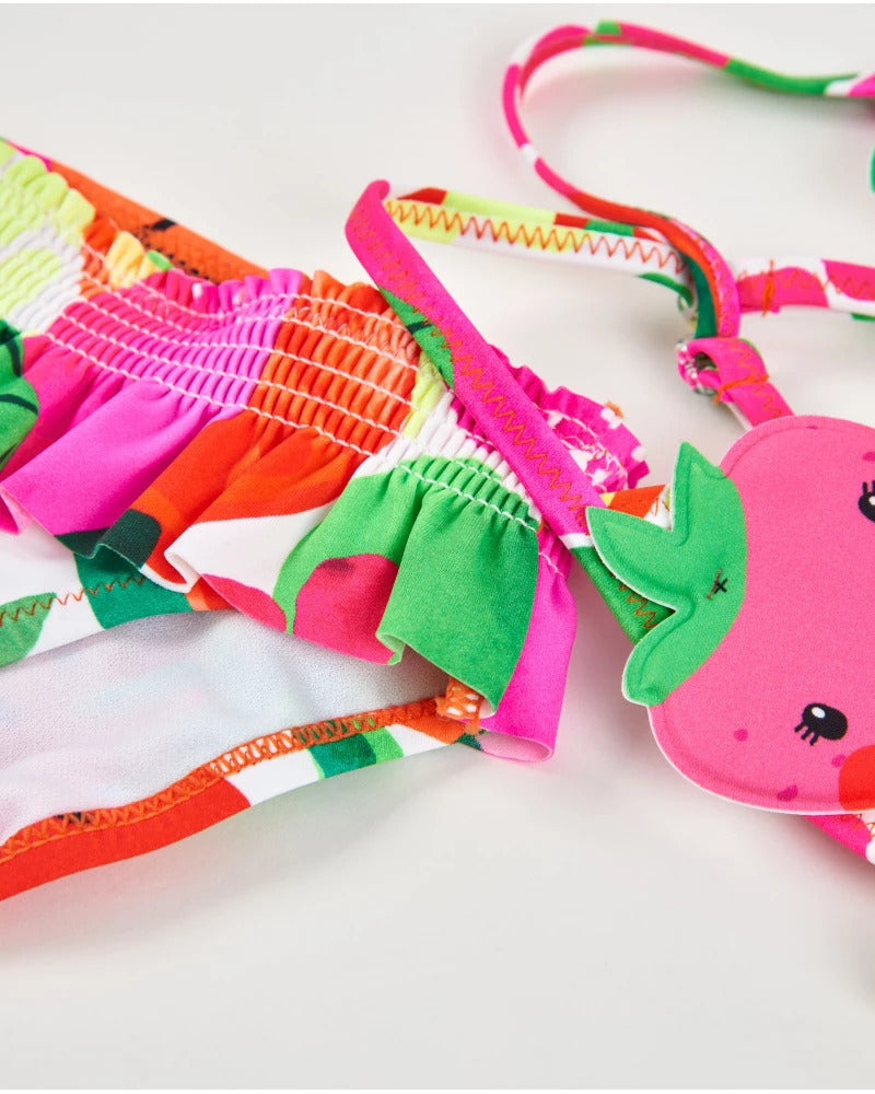 Girls' knitted bikini with padded fruit appliqués