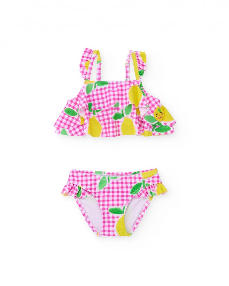 Bikini da bambina in maglia su fondo vichy