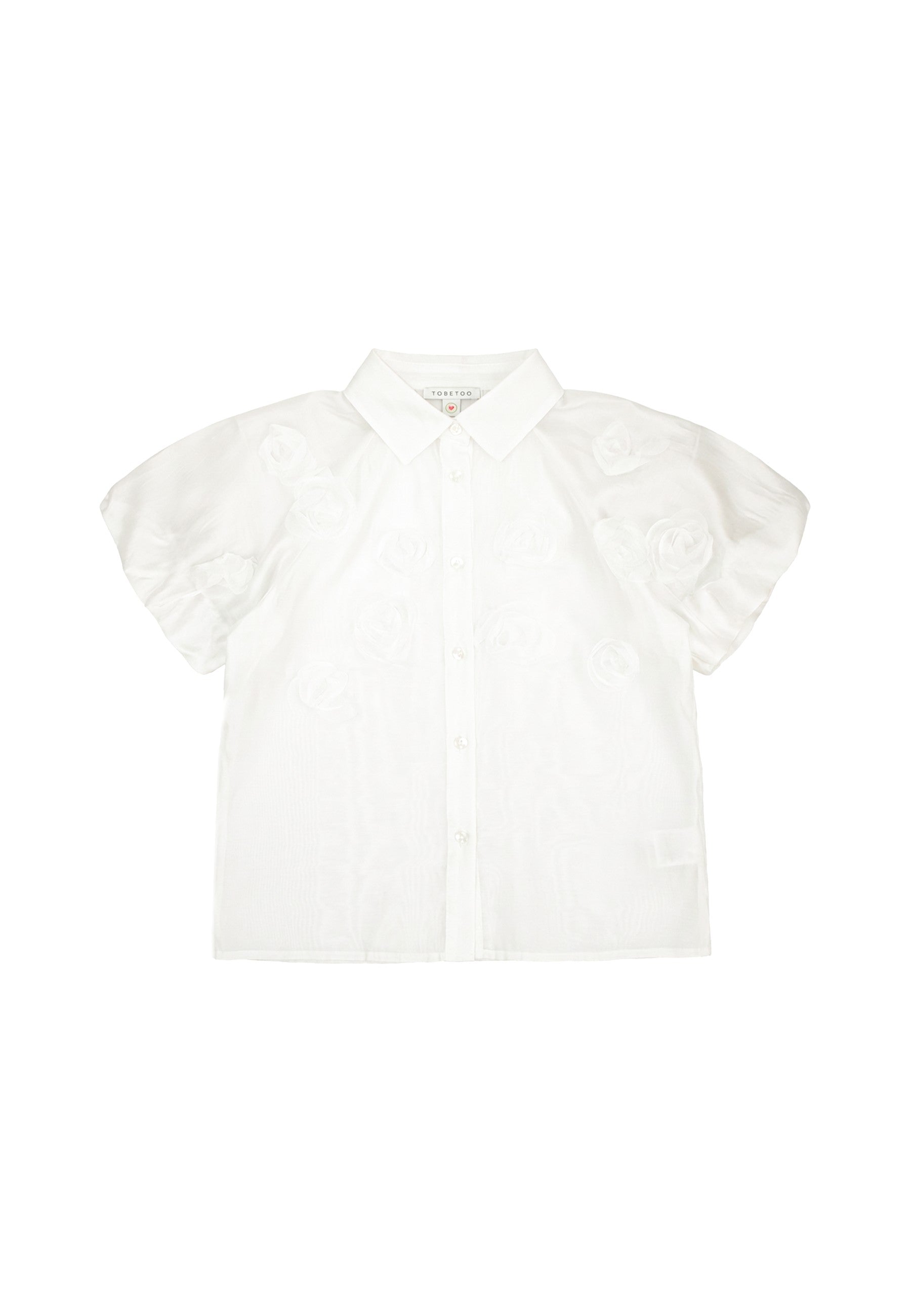 Camicia in tessuto trasparente con maniche morbide e applicazioni floreali – To Be Too