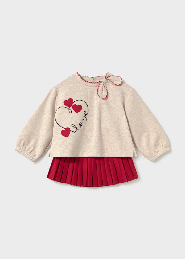 Completo felpa cuori e gonna plissettata neonata
