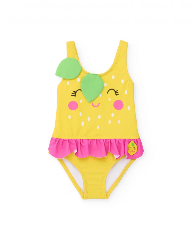 Costume da bagno da bambina in maglia con foglie in rilievo