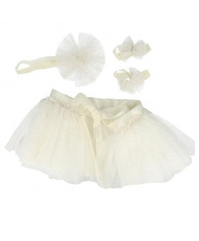 Completo tutù con tre fasce elastiche e decorazioni in tulle bianco
