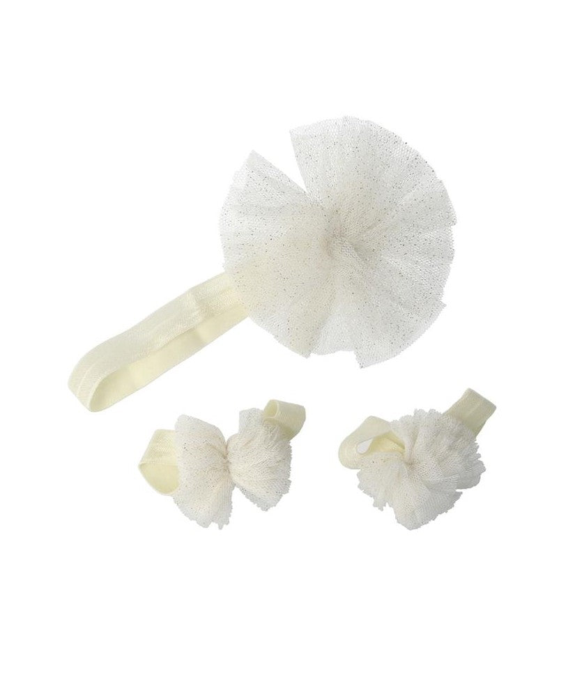 Completo tutù con tre fasce elastiche e decorazioni in tulle bianco