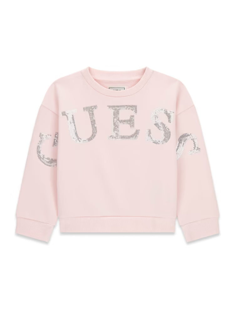 Guess felpa girocollo rosa con logo in pailettes