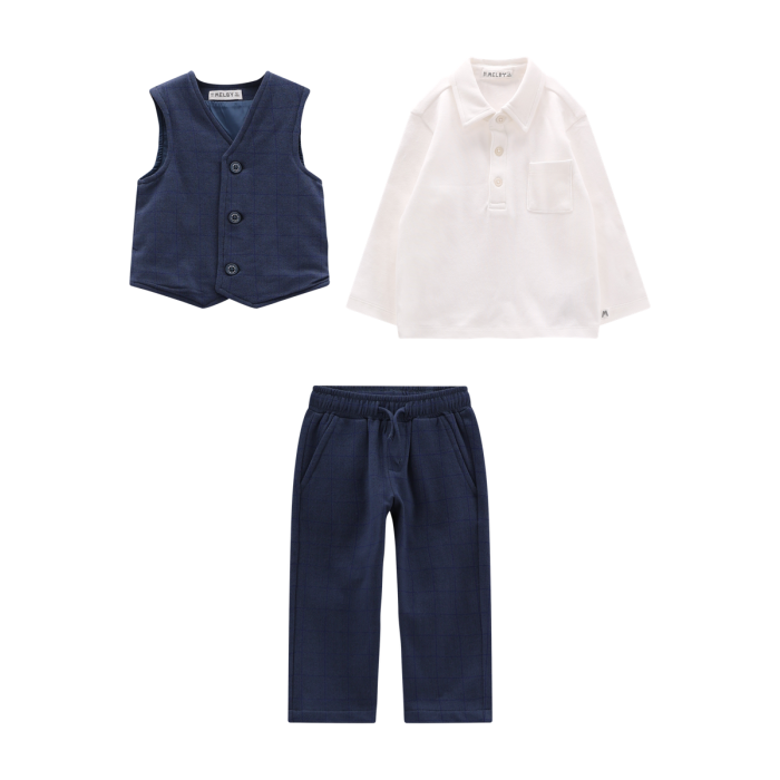 Completo 3 Pezzi Bimbo Felpa A Quadri Blu Navy Melby