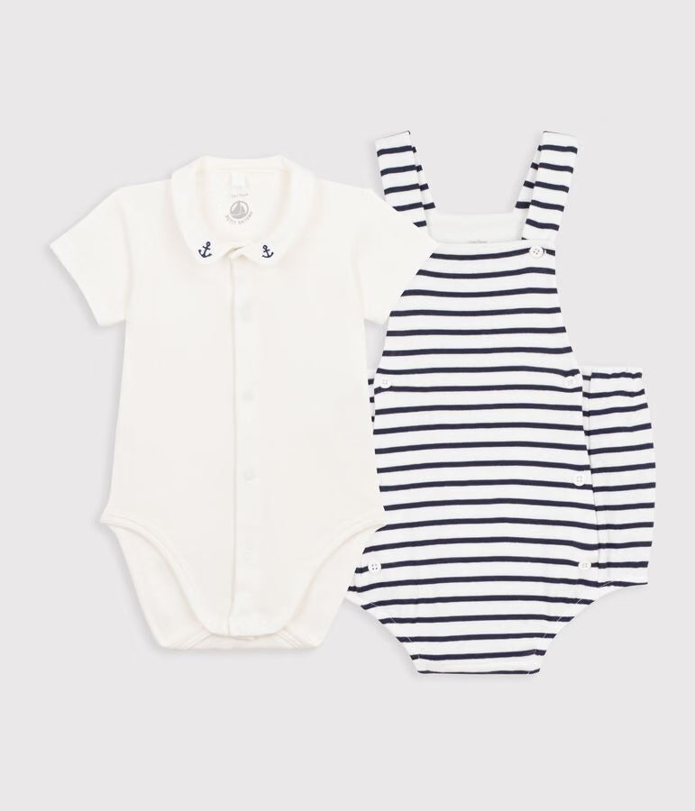 Set 2 pezzi in cotone a righe con dettagli ricamati neonato