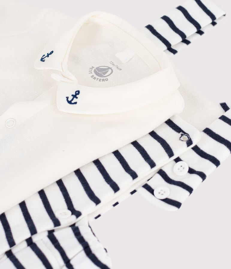 Set 2 pezzi in cotone a righe con dettagli ricamati neonato