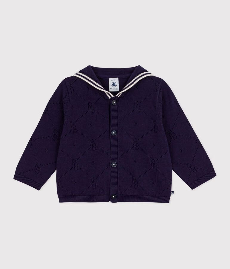 Cardigan con colletto alla marinara in cotone traforato neonato