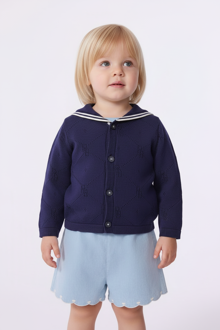 Cardigan con colletto alla marinara in cotone traforato neonato