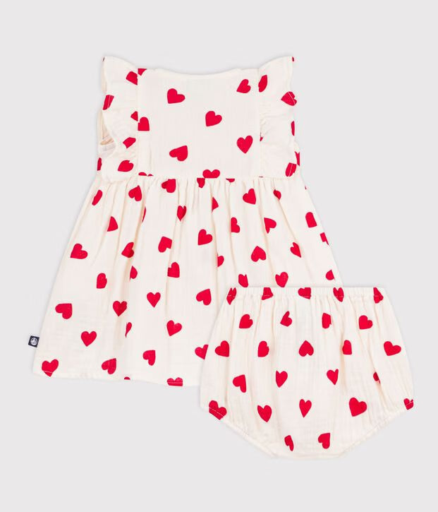 Cotton matching dress and bloomer with heart print for baby girl