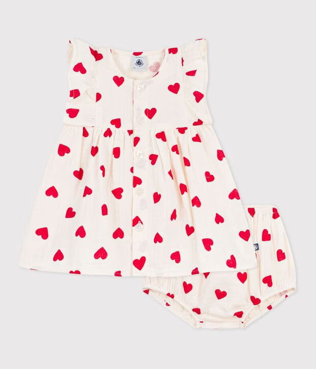 Abito e bloomer abbinato in cotone con stampa a cuori neonata