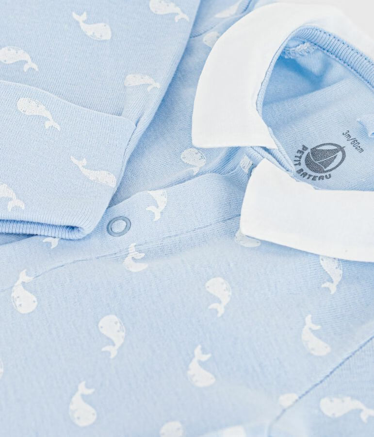 Pigiama neonato in cotone con colletto stampato con balena
