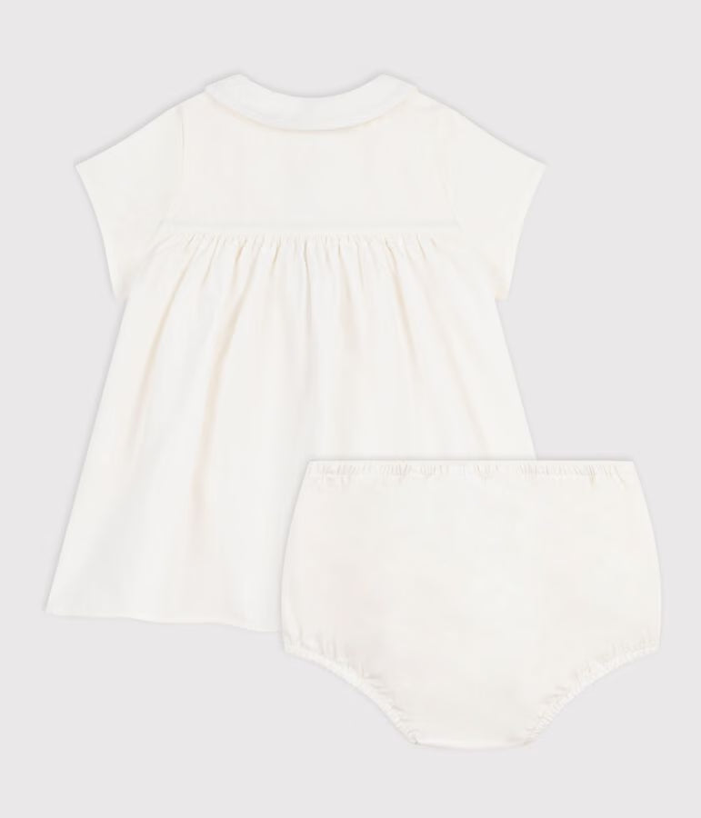 Baby cotton/linen blend dress with matching bloomer with decorative embroidery