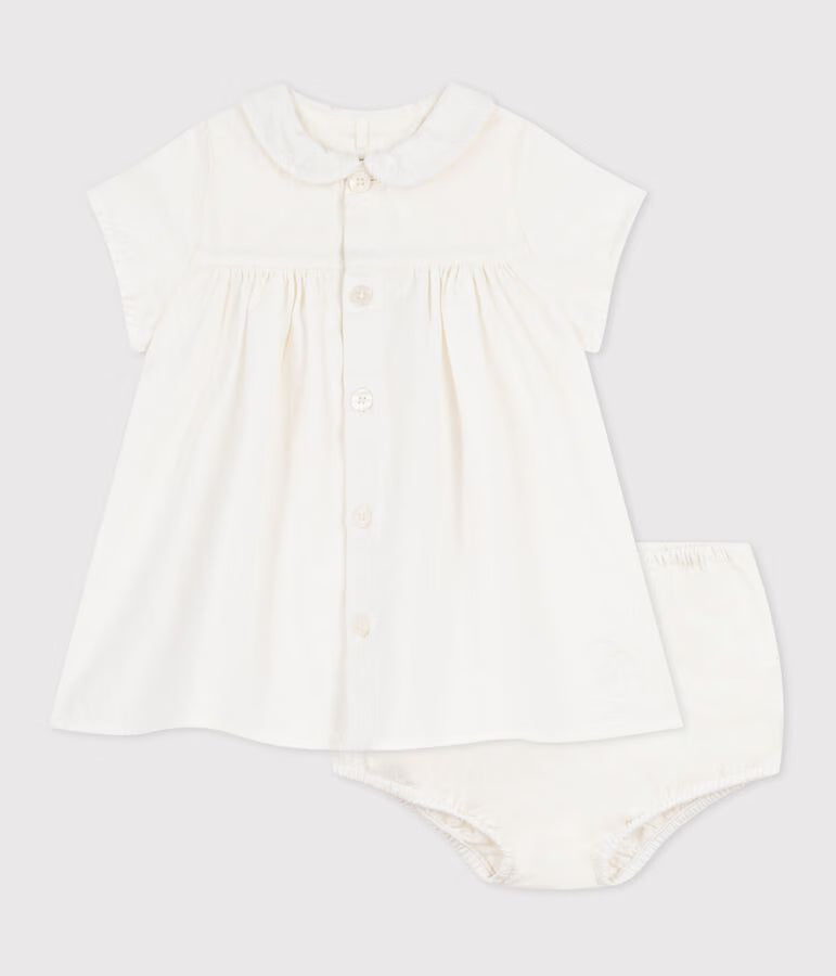 Abito in misto cotone/lino neonata con bloomer abbinato con ricamo decorativo